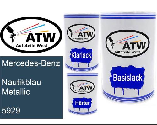 Mercedes-Benz, Nautikblau Metallic, 5929: 500ml Lackdose + 500ml Klarlack + 250ml Härter - Set, von ATW Autoteile West.